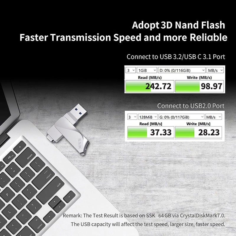 SSK ذاكرة فلاش USB C سعة 64 جيجابايت، ذاكرة مزدوجة 2 في 1 OTG USB A 3.2 الجيل 1+ نوع C، ذاكرة فلاش، سرعة نقل تصل إلى 200 ميجابايت/ثانية، ذاكرة صور للهواتف/tablets/Mac/لابتوب - Image 2